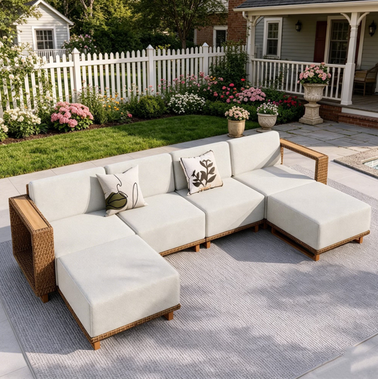 SUMMIT LIVING All Weather Outdoor Sectional Conversation Set, 6-Piece Wicker Patio Furniture Set with Ultra Thick 9.8" Seat Cushions for Yard & Garden, Beige