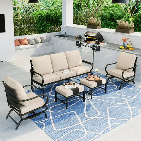 Summit Living 5 Piece Patio Conversation Set for 7 Person, Steel Sofa Outdoor Furniture Set, Beige Cushion