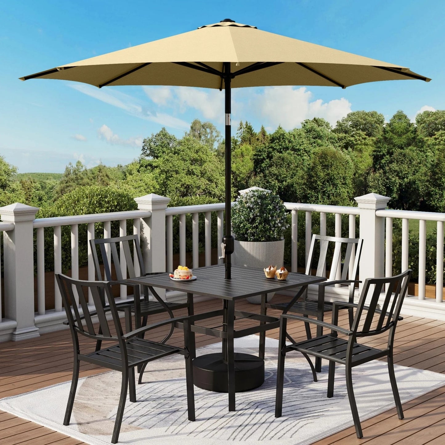 MF Studio 6-Piece Outdoor Patio Dining Set with 9 ft Umbrella, Stacking Chairs & Square Table, Black & Beige