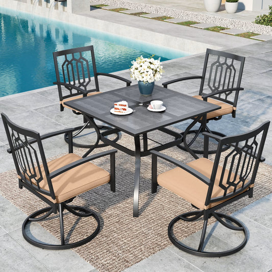 MF Studio 5-Piece Outdoor Patio Dining Set with Swivel Cushioned Chairs & Square Table for 4, Black