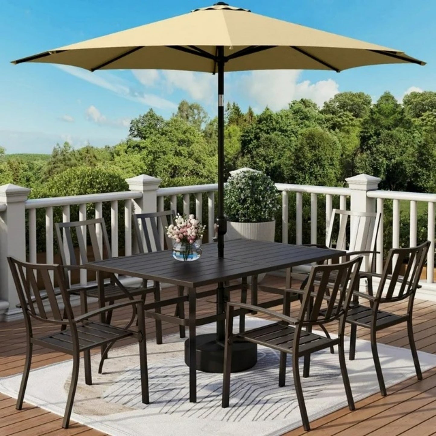 MF Studio 8-Piece Outdoor Patio Dining Set with 9 ft Umbrella, Stacking Chairs & 6-Person Table, Black & Beige