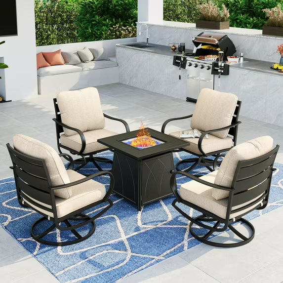 Summit Living 5 PCS Outdoor Furniture with 28 Fire Pit Table Patio Conversation Set for 4 People, Beige Cushion