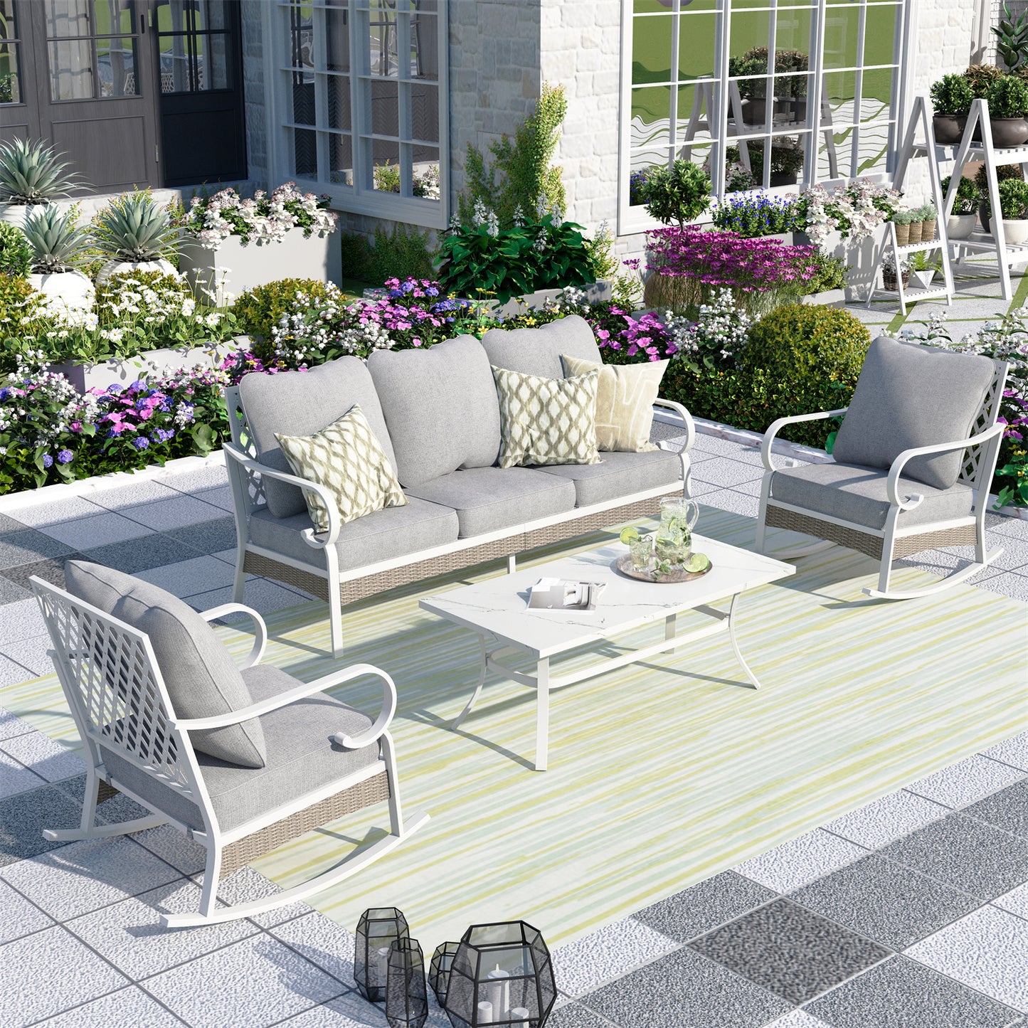 MF Studio 5-Seater Patio Conversation Set Metal Outdoor Furniture with Rocking Chair Sofa Gray