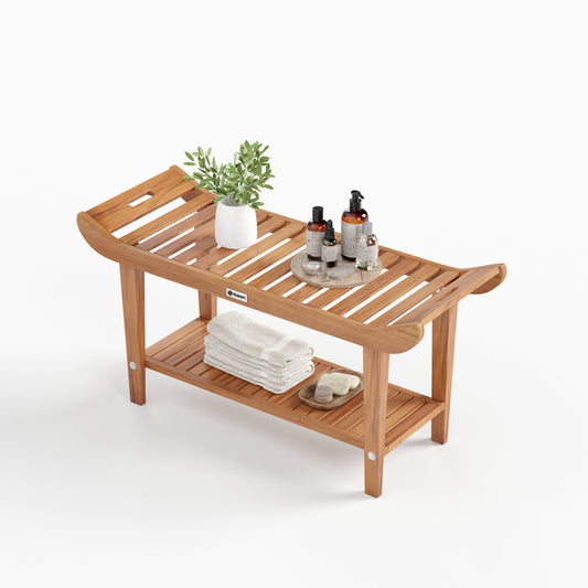 Summit Living 19.5 Inch 100 Percent Teak Wood Shower Bench with Storage Shelf,Indoor Bath Bench Seat Waterproof Shower Stool for Adults