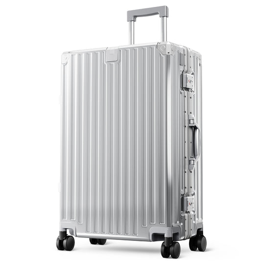 MF Studio 24 inch Checked Luggage, Lightweight PC Hardshell Zipperless Suitcase with Aluminum Frame, TSA locks, Spinner Wheels, USB Charging Port, Cup Holder, Silver Gray