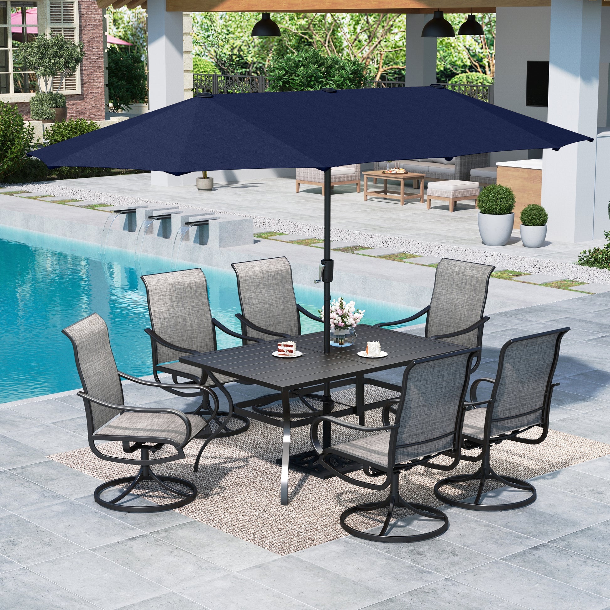 6 seat patio dining set with umbrella Summit Living 6-seat Outdoor Patio Dining Set with 13ft Navy Blue Patio Umbrella, 6 Textilene Outdoor Swivel Chairs & 1 Large Metal Rectangle Table,