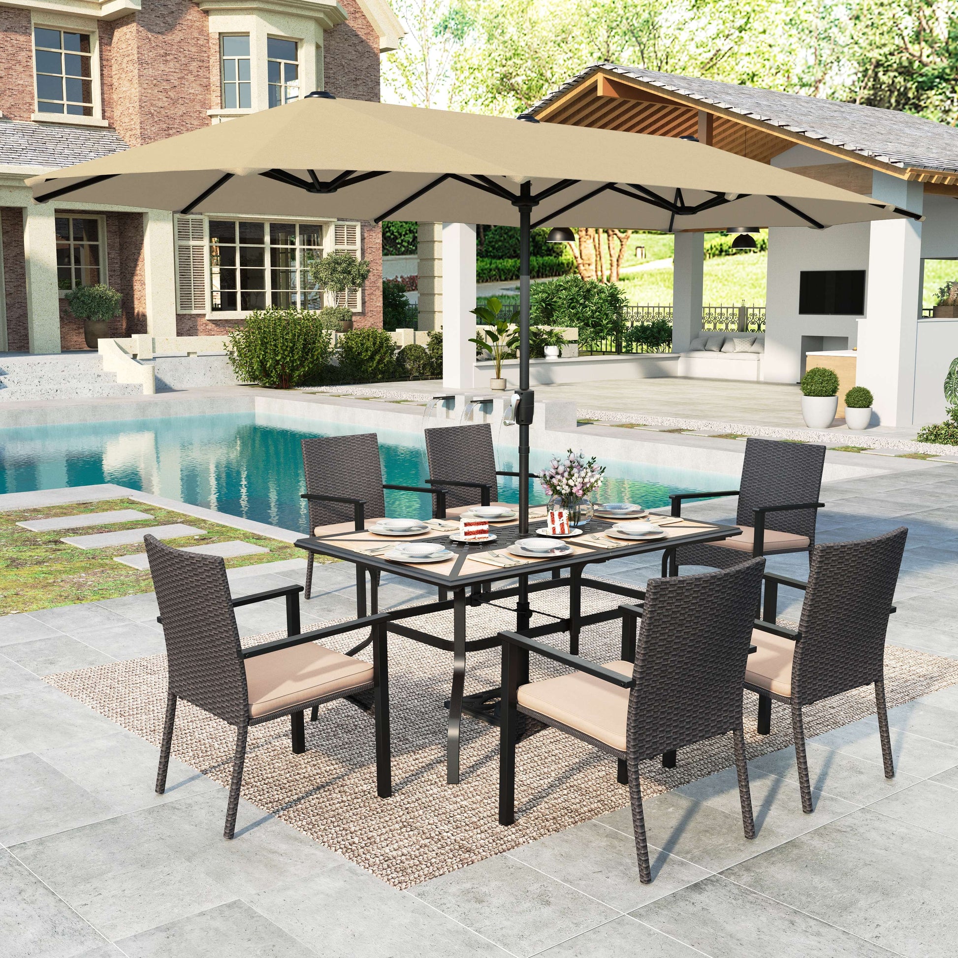 dining patio set with umbrella Summit Living 8-Piece Outdoor Patio Set with 13ft Beige Patio Umbrella,Rectangle Table and Wicker Chairs for 6