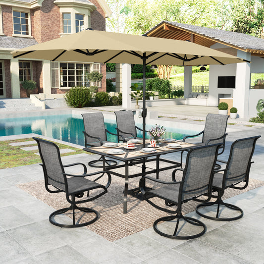 Summit Living 8-Piece Outdoor Patio Dining Set with 13ft Beige Patio Umbrella, Swivel Textilene Chair & Wood-like Top Table with Umbrella Hole, Black & Brown-gray