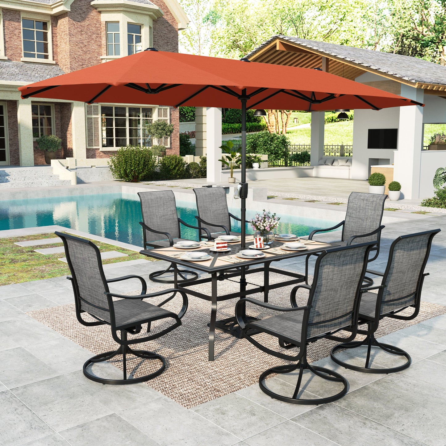 Summit Living 8-Piece Outdoor Patio Dining Set with 13ft Red Patio Umbrella, Swivel Textilene Chair & Wood-like Top Table, Black & Brown-gray