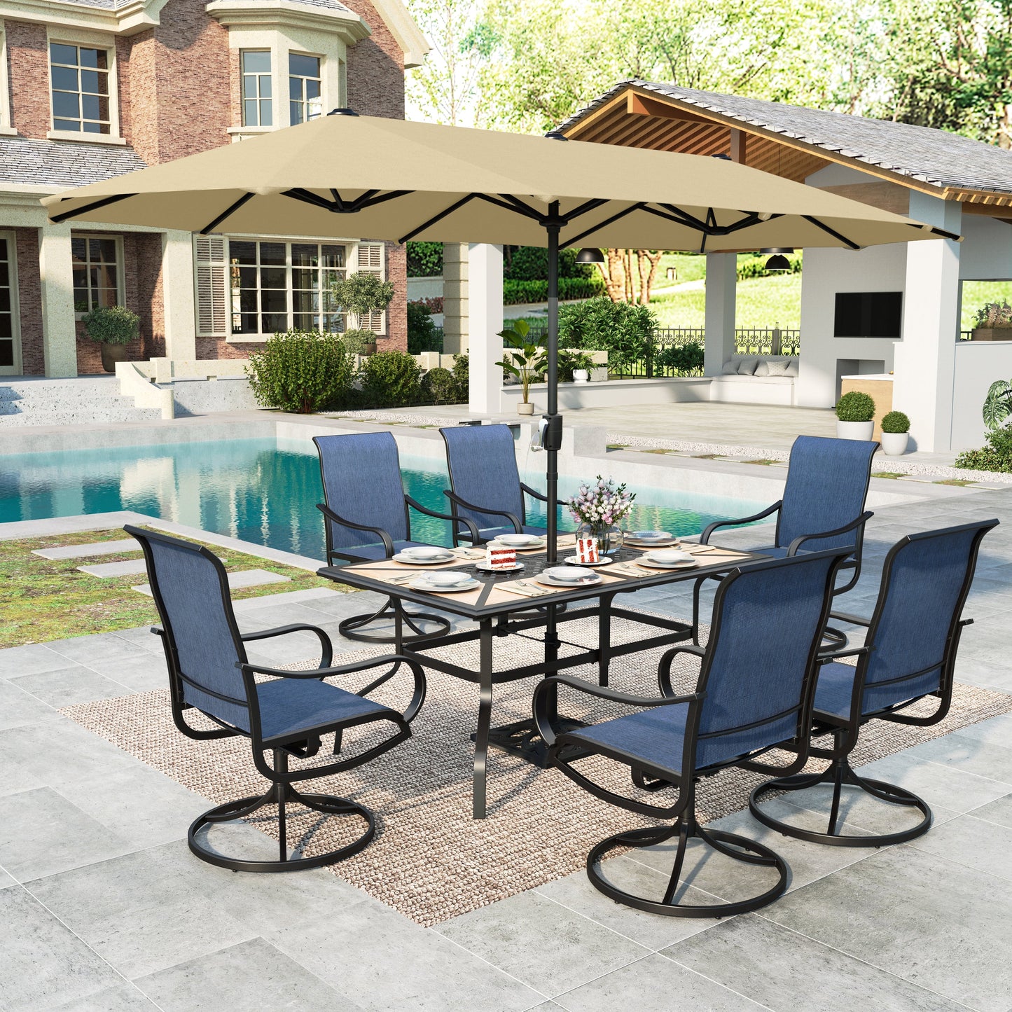 Summit Living 8-Piece Outdoor Patio Dining Set with 13ft Beige Patio Umbrella, Swivel Textilene Chair & Wood-like Top Table, Black & Blue