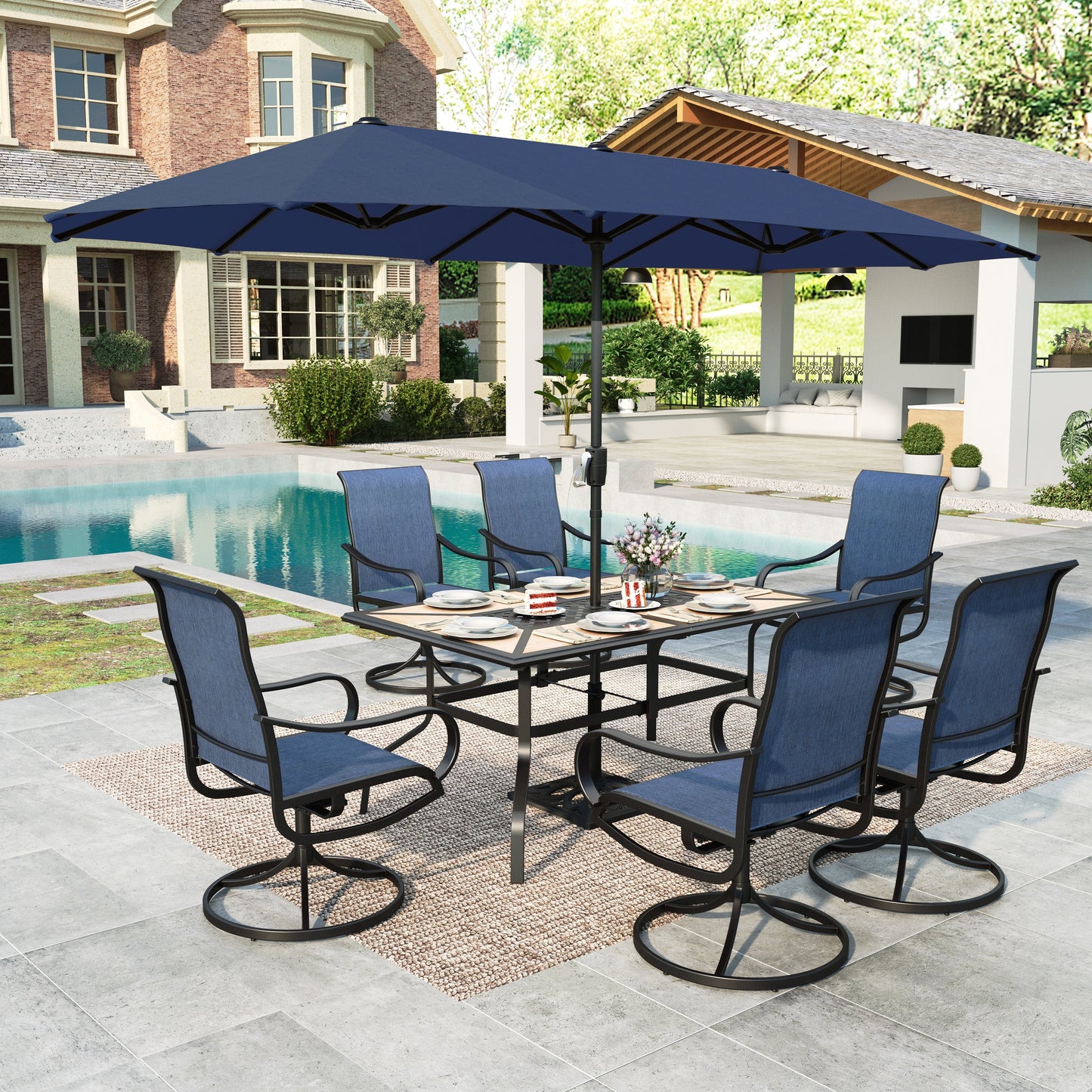 Summit Living 8-Piece Outdoor Patio Dining Set with 13ft Navy Blue Patio Umbrella, Swivel Textilene Chair & Wood-like Top Table, Black & Blue
