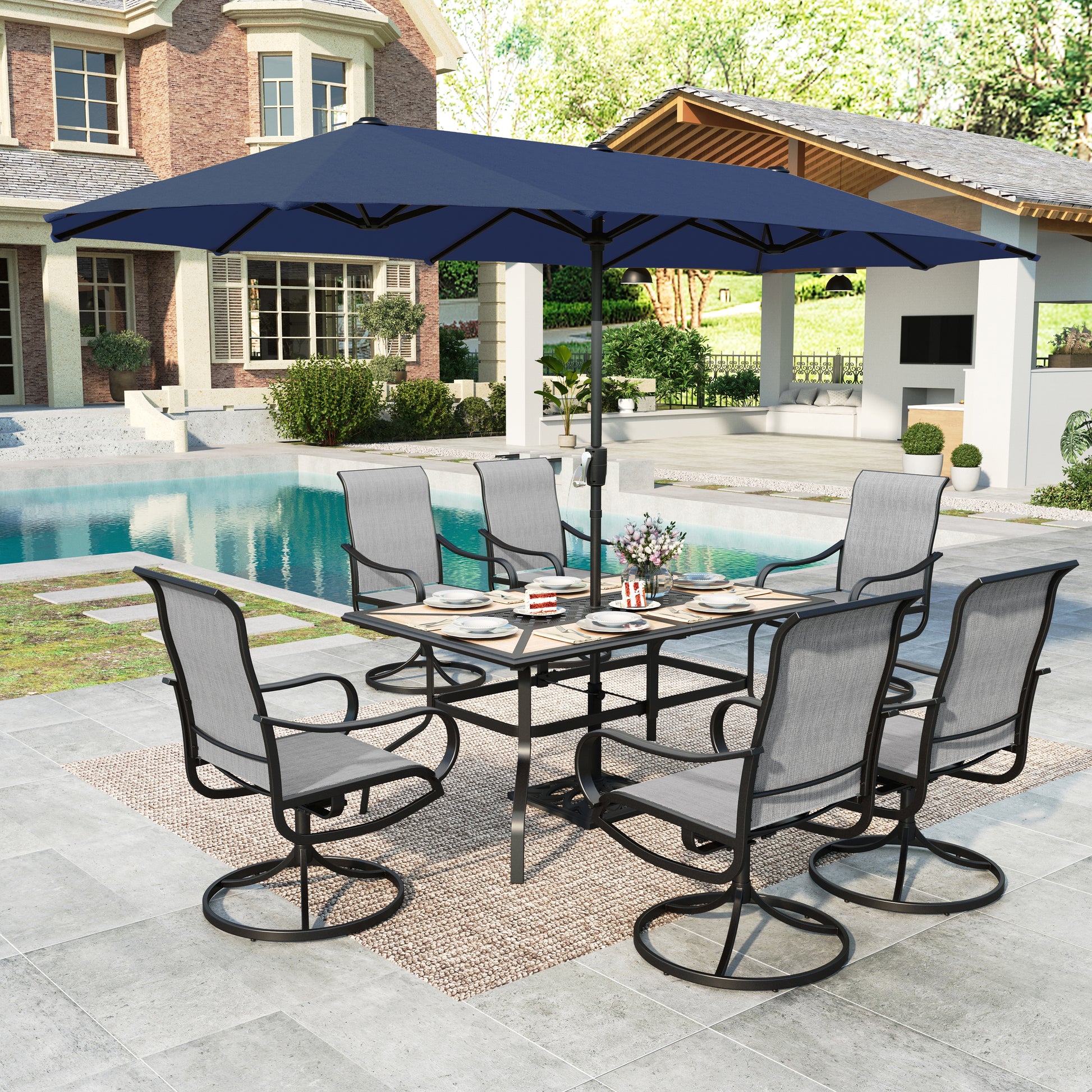 blue umbrella patio dining Summit Living 8-Piece Outdoor Patio Dining Set with 13ft Navy Blue Patio Umbrella, Swivel Textilene Chair & Wood-like Top Table, Black & Light-gray