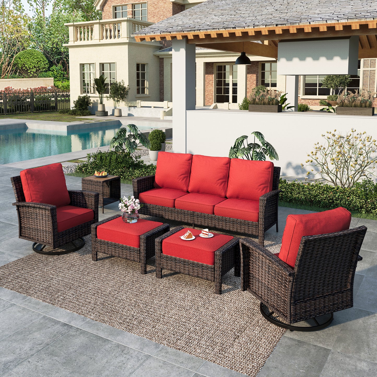 Summit-Living-7-Seat-Wicker-Patio-Furniture-Set-with-2-Swivel- Chairs-3-Seat-Sofa-with-2-Ottoman-1-Coffee-Table-Outdoor- Sectional-Conversation-Set-for-Garden-Red
