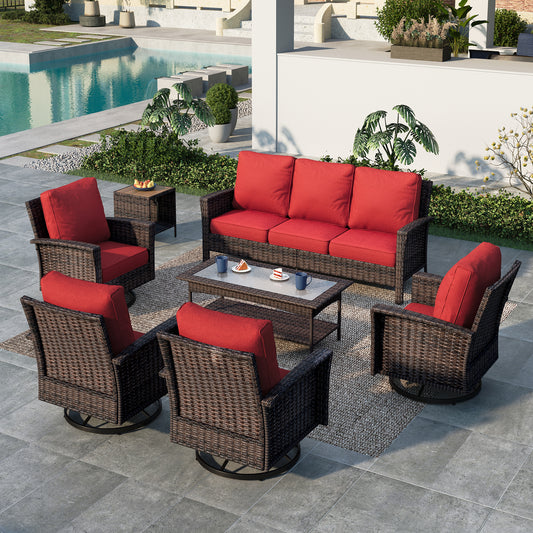 Summit-Living-7-Seat-Wicker-Patio-Furniture-Set-with-4-Swivel- Chairs-3-Seat-Sofa-with-2-Coffee-Table-Outdoor-Sectional-Conversation-Set-Red