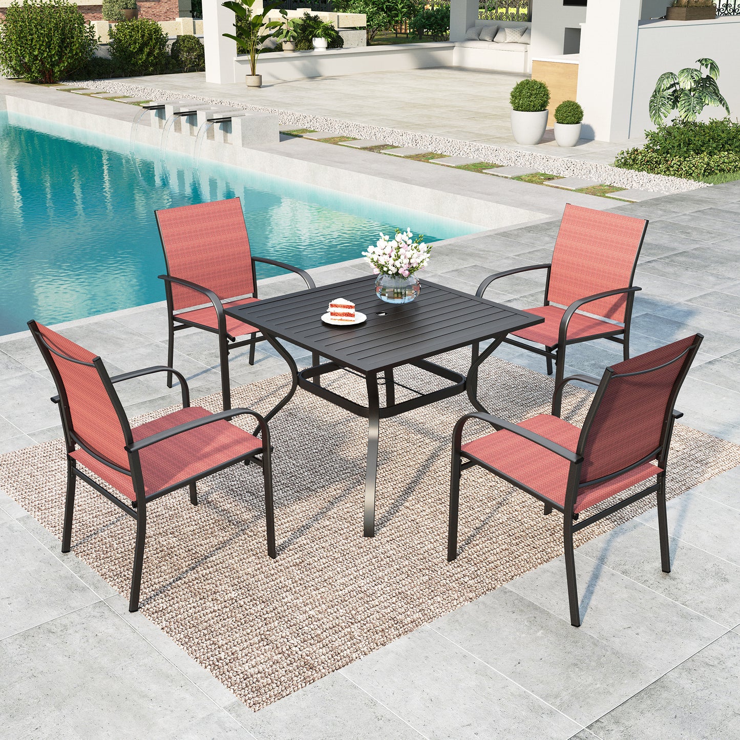 SUMMIT LIVING 5-Piece Outdoor Patio Dining Set with 4 Textilene Chairs & 1 Metal Steel Table, Black & Red
