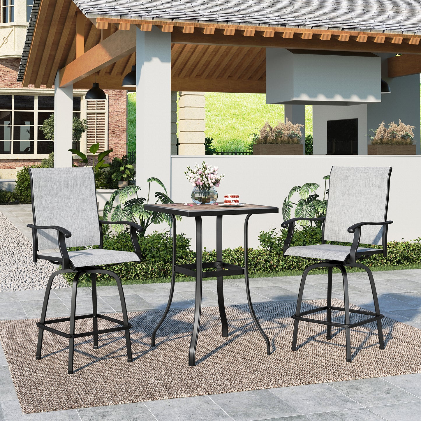 SUMMIT LIVING 3 Pieces Outdoor Swivel Bar Stool Bistro Set with 2 Patio Metal Bar Stool Height Chairs and 1 Bar Table, Black & Gray