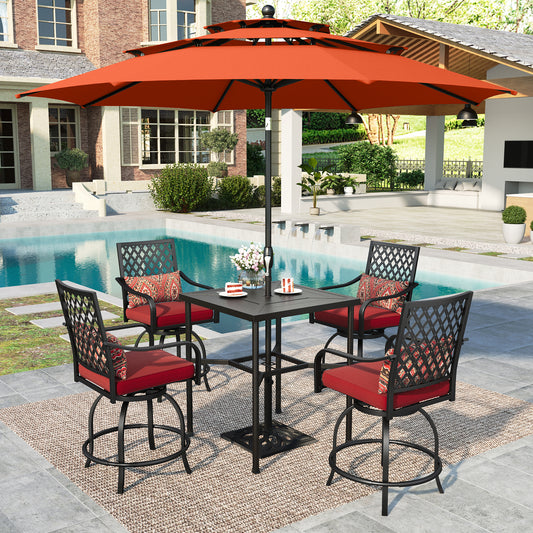 Summit-Living-6-Piece-Outdoor-Patio-Swivel-Bar-Stool-Table-Set-4-Height-Chairs-with-Seat-and-Back-Cushions-and-10-ft-Patio-Umbrella- Black-Red