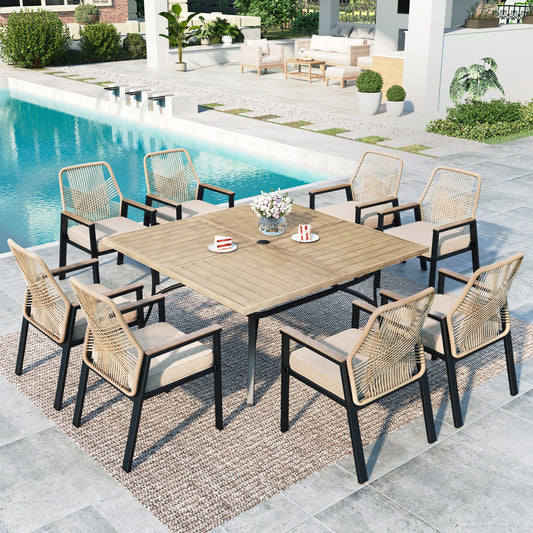 Summit Living 9 Piece Patio Dining Set with 8 Rattan Rope Chairs and Wood-Like Table