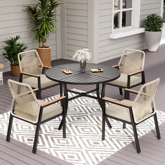 MF Studio 5-Piece Outdoor Dining Set, 4 Cushioned Rattan Chairs and Round Table with Umbrella Hole, Black and Beige