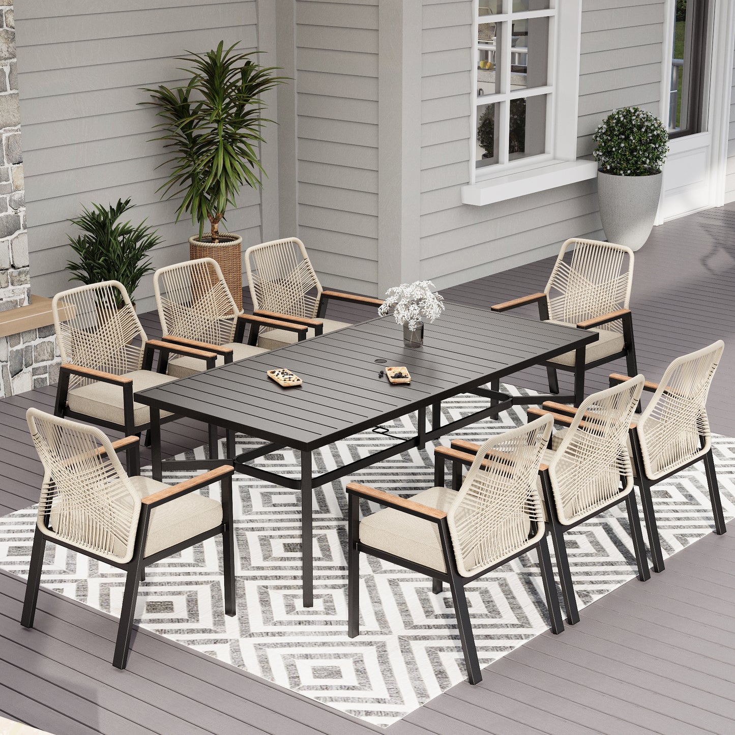 MF Studio 9-Piece Outdoor Dining Set with Cushioned Rattan Chairs & Large 83" Table for 8 Person, Black and Beige