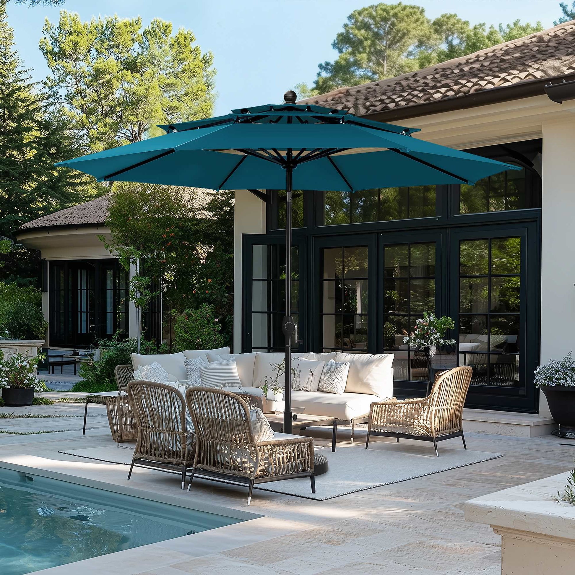 10 ft patio umbrella base 10ft Rotable with Cross Base, Crank And Easy Tilt Constructed of weather and Uv resistant polyester canopy and steel frame Bundle Set - Mirador Novara