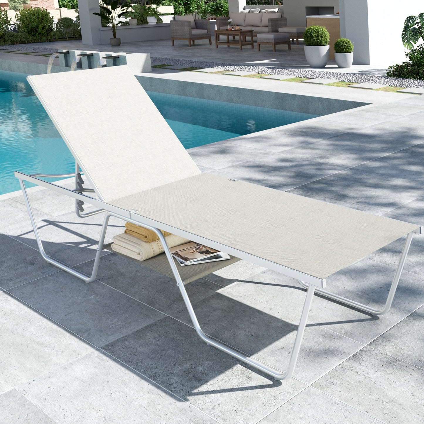 MF Studio Oversized Outdoor Sling Chaise Lounge with 5-Level Adjustable Backrest & Storage Space, Single Patio Reclining Chair, Elegant Gray