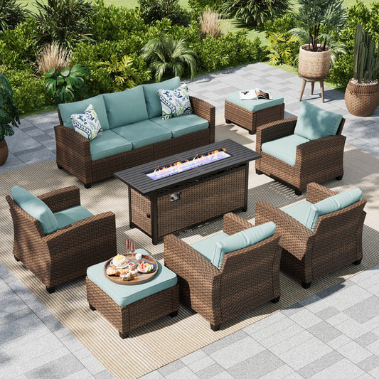 MF Studio 9-Seat Outdoor Patio Furniture Set with Fire Pit Wicker Patio Conversation Set Blue