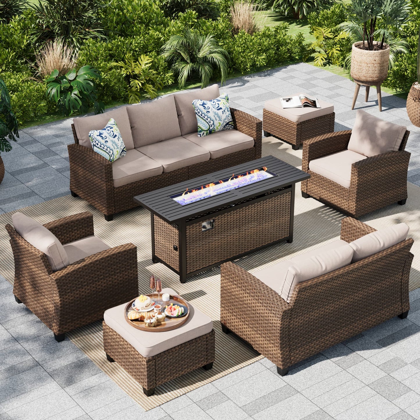 MF Studio 9-Seat Outdoor Patio Furniture Set with Fire Pit Wicker Patio Conversation Set Beige