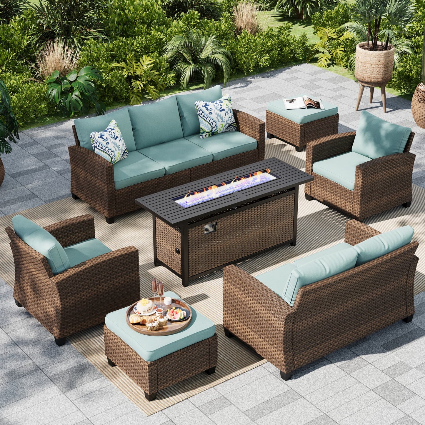 MF Studio 9-Seat Outdoor Patio Furniture Set with Fire Pit Wicker Patio Conversation Set Blue