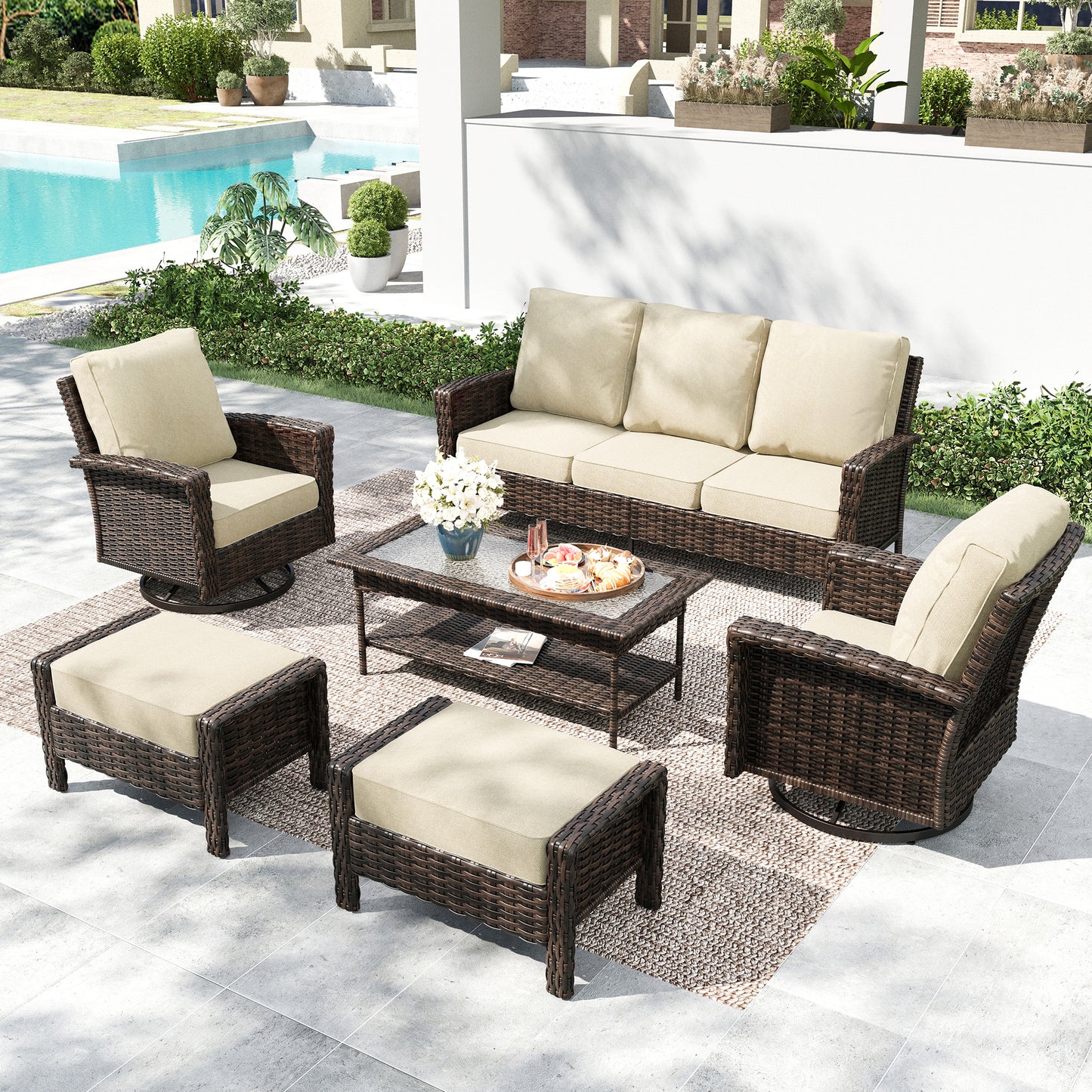 MF Studio 7-Seat Wicker Outdoor Furniture Set with Swivel Chairs, Metal Sectional Patio Conversation Set with Extra Thickened Cushions, Beige