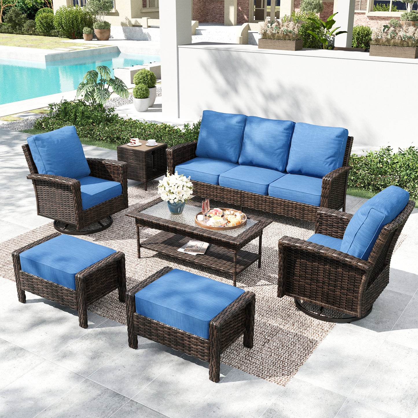 MF Studio 7-Seat Wicker Outdoor Furniture Set with Swivel Chairs & 2 Coffee Tables with 2 Ottomans, Metal Sectional Patio Conversation Set, Navy-blue