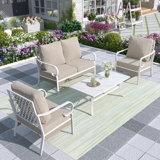 MF Studio 4-Seater Patio Conversation Set Metal Outdoor Furniture with Rocking Chair Sofa Beige