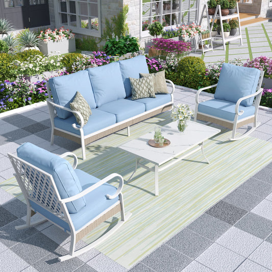 MF Studio 5-Seater Patio Conversation Set Metal Outdoor Furniture with Rocking Chair Sofa Blue