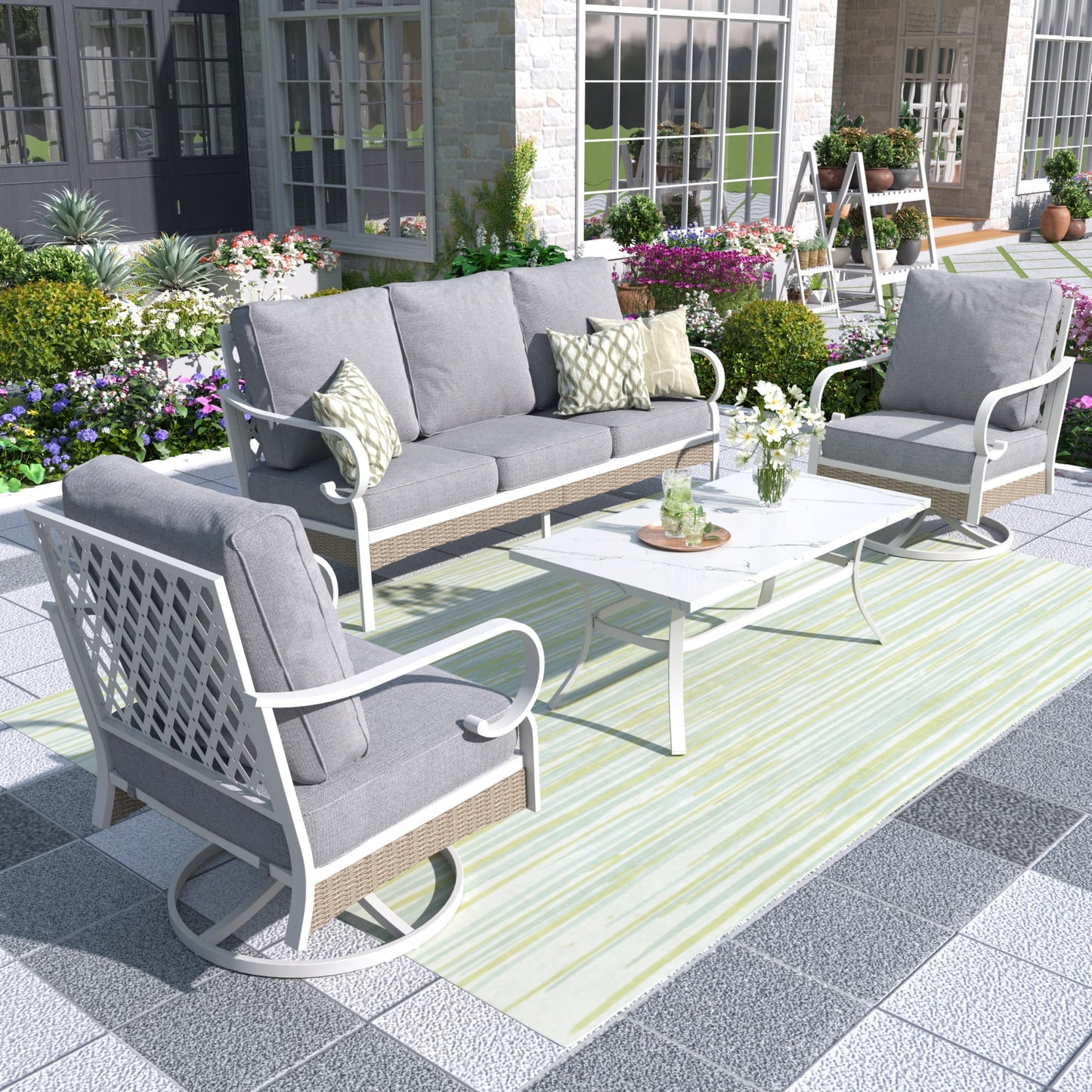 MF Studio 5-Seater Patio Conversation Set Metal Outdoor Furniture with Swivel Chair Sofa Gray