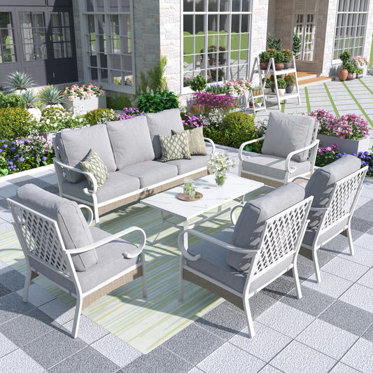 MF Studio 7 Seater Patio Conversation Set Metal Outdoor Furniture with Fixed Chair Sofa Gray Sectional Sofa Set