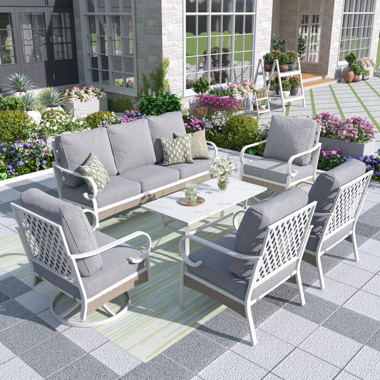 MF Studio 7 Seater Patio Conversation Set Metal Outdoor Furniture with Swivel Chair Sofa Gray Sectional Sofa Set