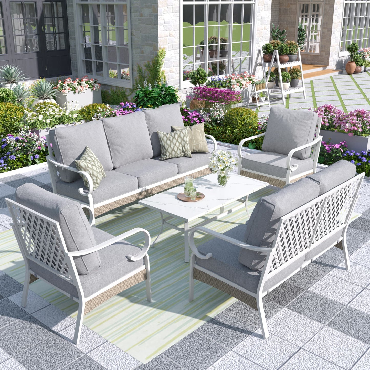 MF Studio 7-Seater Patio Conversation Set Metal Outdoor Furniture with Fixed Chair Sofa Gray
