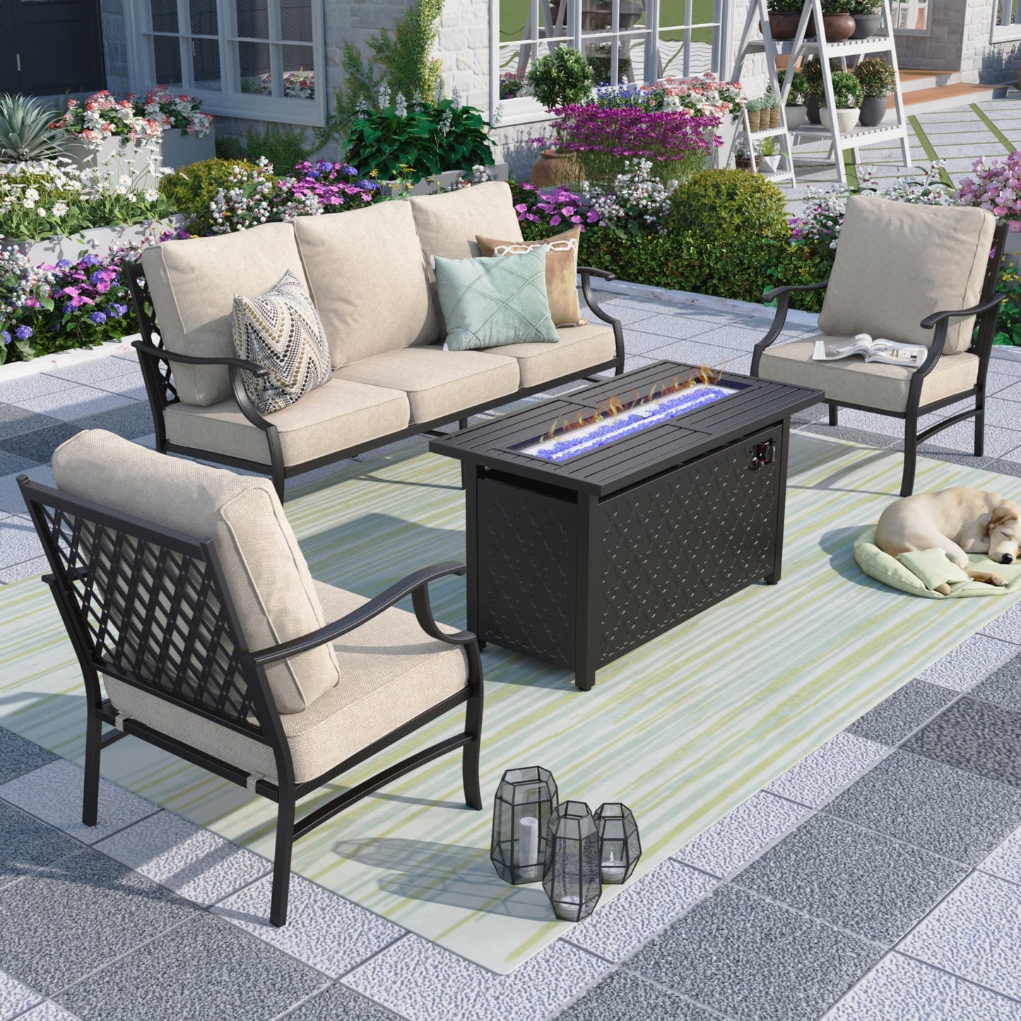 MF Studio 5 Seat Outdoor Patio Furniture Set with Fire Pit Table Metal Patio Conversation Set Beige