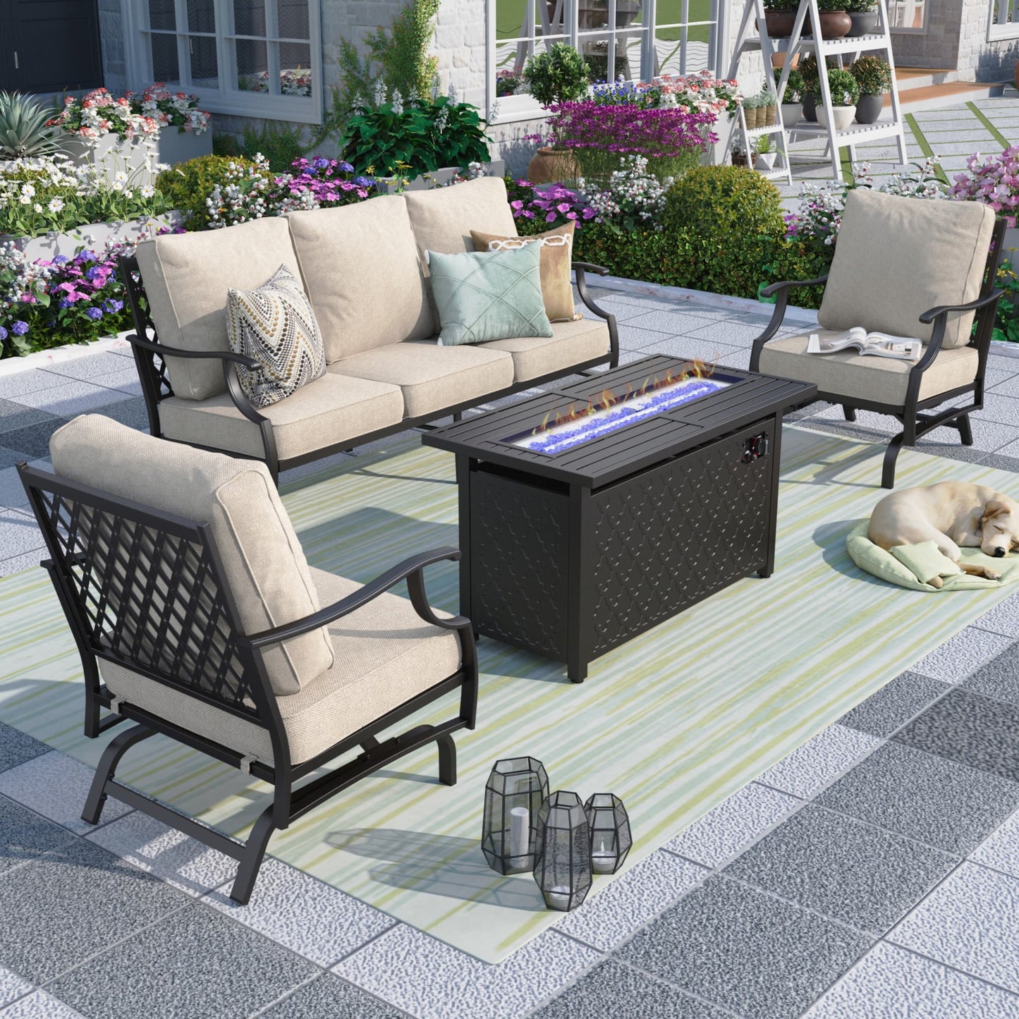 MF Studio 5 Seater Outdoor Patio Furniture with Fire Pit Table Metal Patio Conversation Set with Rocking Chair Sofa Beige
