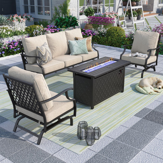 MF Studio 5 Seater Outdoor Patio Furniture with Fire Pit Table Metal Patio Conversation Set with Rocking Chair Sofa Beige