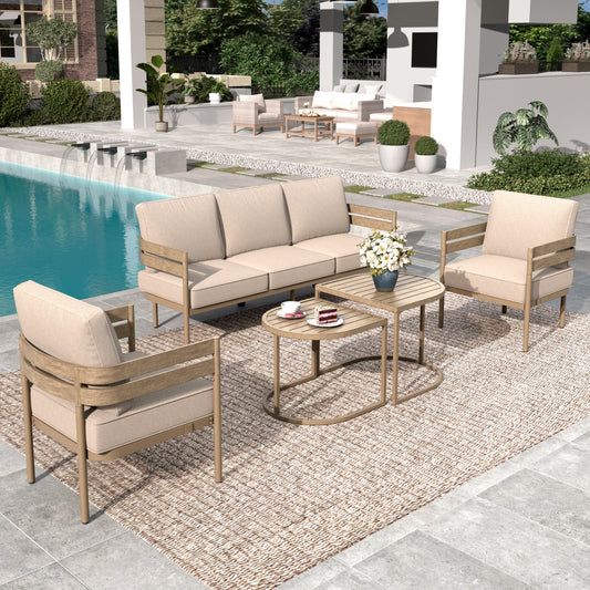 Summit Living 5-Piece Metal Outdoor Patio Furniture Set with Fixed Chairs, Wood-Grain Outdoor Patio Conversation Set for 5 People, Modern Curved Back Sofa Set