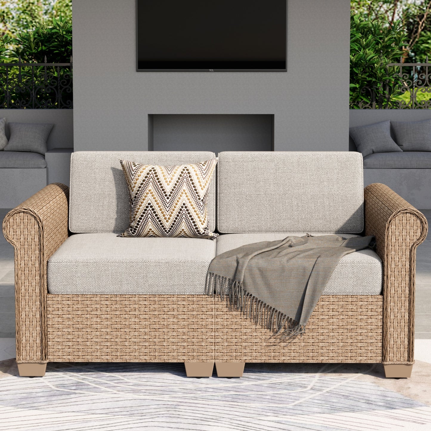 Summit Living 2-Piece Wicker Outdoor Patio Conversation Set, Outdoor Sectional Furniture Set, Rattan Love-Seat Sofa, Beige