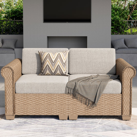 Summit Living 2-Piece Wicker Outdoor Patio Conversation Set, Outdoor Sectional Furniture Set, Rattan Love-Seat Sofa, Beige