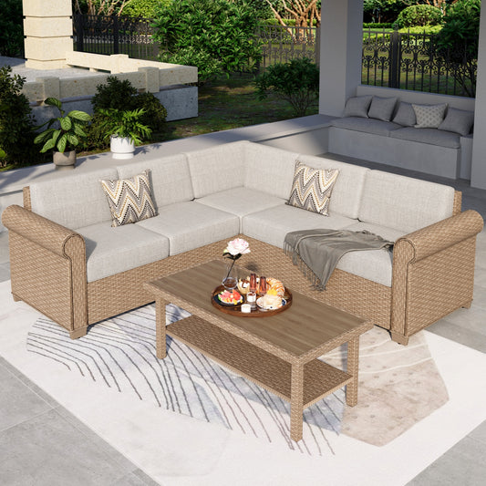 Summit Living 6-Piece Wicker Outdoor Patio Conversation Set with Double-Shelving Faux Wood Coffee Table, Rattan L Shape Outdoor Sectional Sofa Set for 5 People, Beige