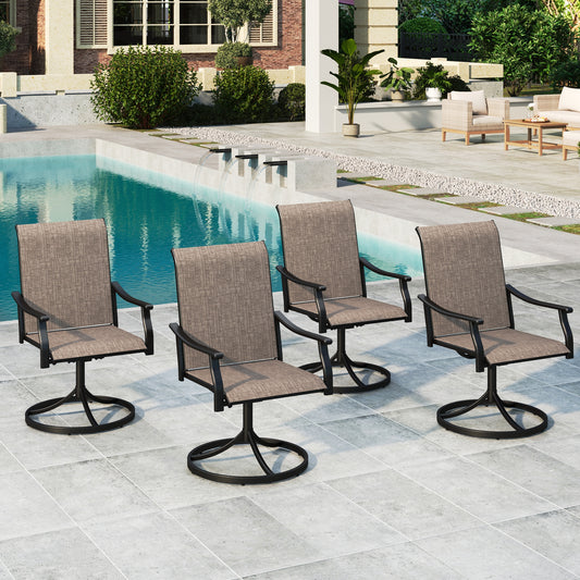 Summit Living Set of 4 High Back Swivel Outdoor Patio Dining Chairs, Steel Frame & All-Weather Textilene Seat, Black & Grayish-brown