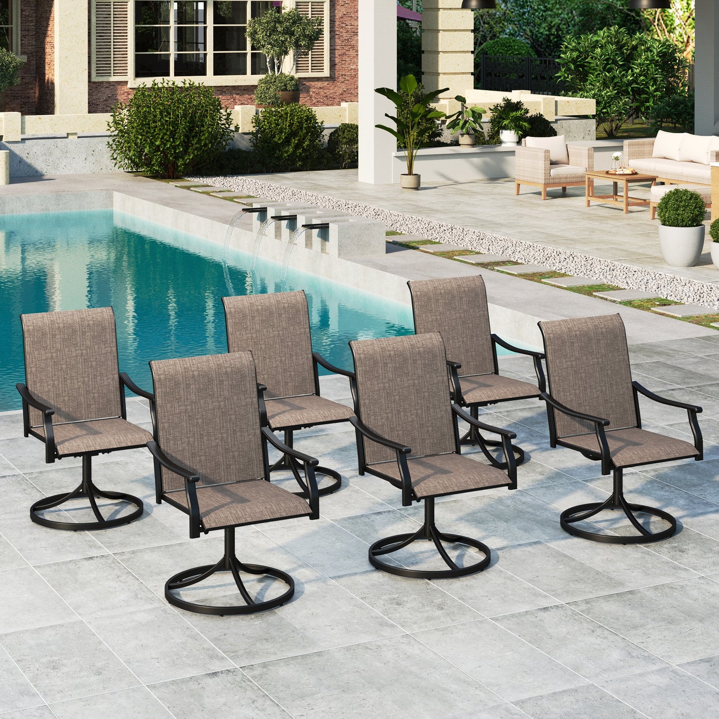 Summit Living Set of 6 High Back Swivel Outdoor Patio Dining Chairs, Steel Frame & All-Weather Textilene Seat, Black & Grayish-brown