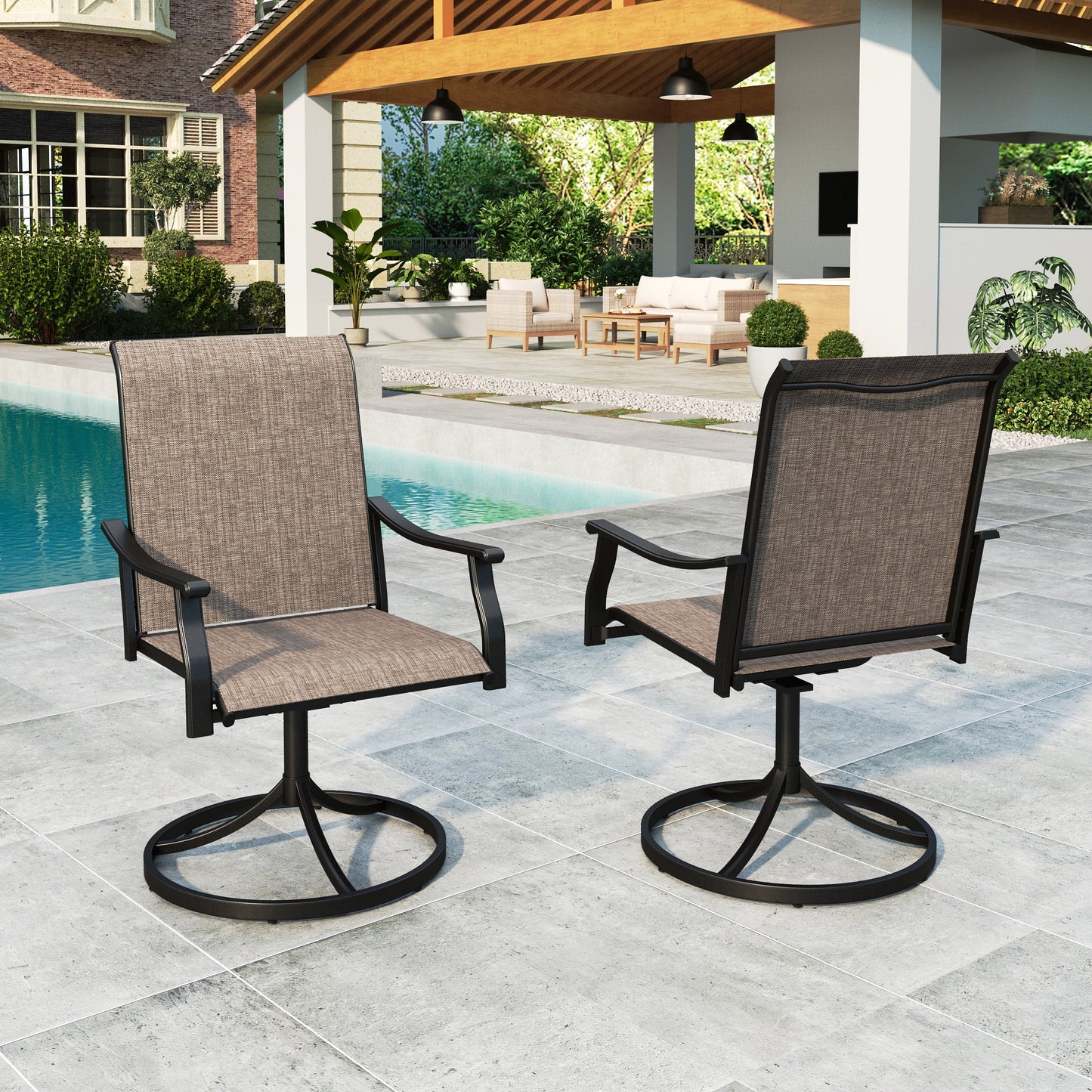 Summit Living Set of 2 High Back Swivel Outdoor Patio Dining Chairs, Steel Frame & All-Weather Textilene Seat, Black & Grayish-brown