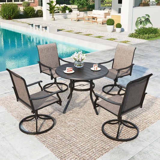Summit Living 5-Piece Outdoor Patio Dining Set with Swivel Chairs and 38" Steel Round Table with Umbrella Hole, Black & Grayish-brown