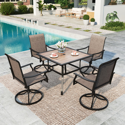 Summit Living 5-Piece Metal Outdoor Patio Dining Set with Swivel Chairs and Square Wood-Look Top Table with Umbrella Hole, Patio Sets for 4 People, Grayish-brown