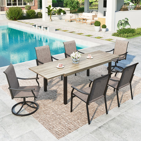 Summit Living 7-Piece Textilene Outdoor Patio Dining Set with 2 Swivel Chairs, 4 Fixed Chairs & 99” Large Wood-Grain Extendable Table for 6-8 Person, Grayish-brown